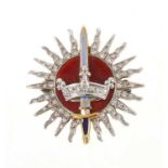 Garrard 9ct white and yellow gold, enamel and diamond Knights Bachelor brooch Provenance: purchase