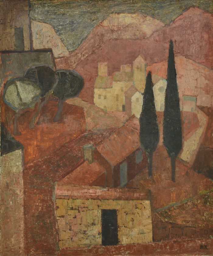 Mid 20th century, oil on canvas, Mediterranean Town, signed with initials M.K., 76cm x 63cm, unframe
