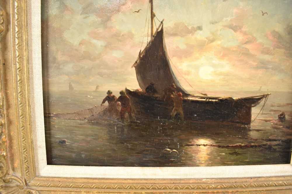 Attributed to John Moore of Ipswich (1820-1902) oil on panel - Unloading the catch by Moonlight, app - Image 2 of 8