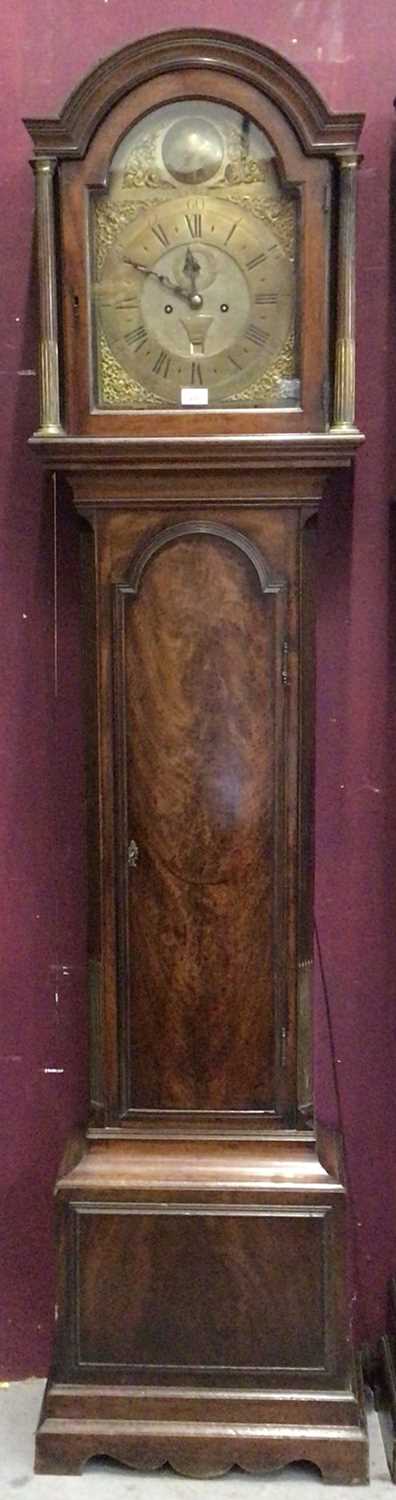 18th century 8-day longcase clock by John Roning, Newmarket with brass arched dial with bird to arch