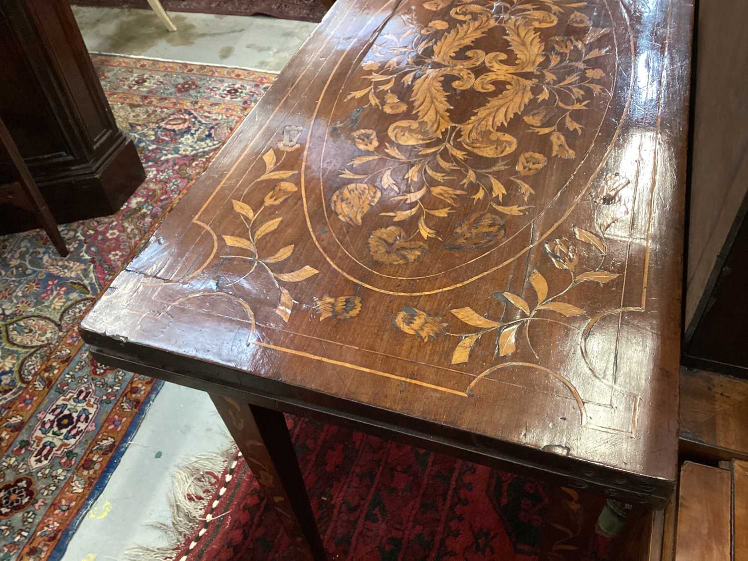 Early 19th century Dutch mahogany and marquetry card table, rectangular fold-over top on square tape - Image 5 of 9