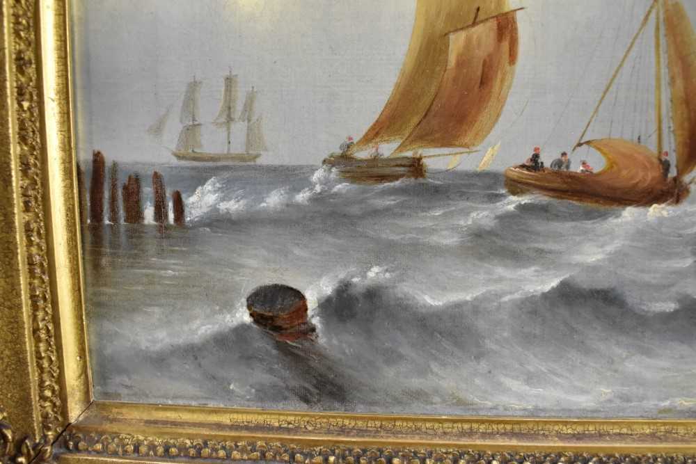 English School, early 19th century, oil on canvas - shipping off the coast, indistinctly signed and - Image 2 of 6