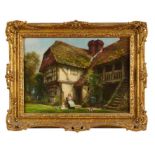 Frank Moss Bennett (1874-1952) a pair, oil on board - figures and timbered cottages, both signed and