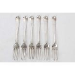 Set of six early George III silver Hanoverian pattern dinner fork, with engraved armorial crests