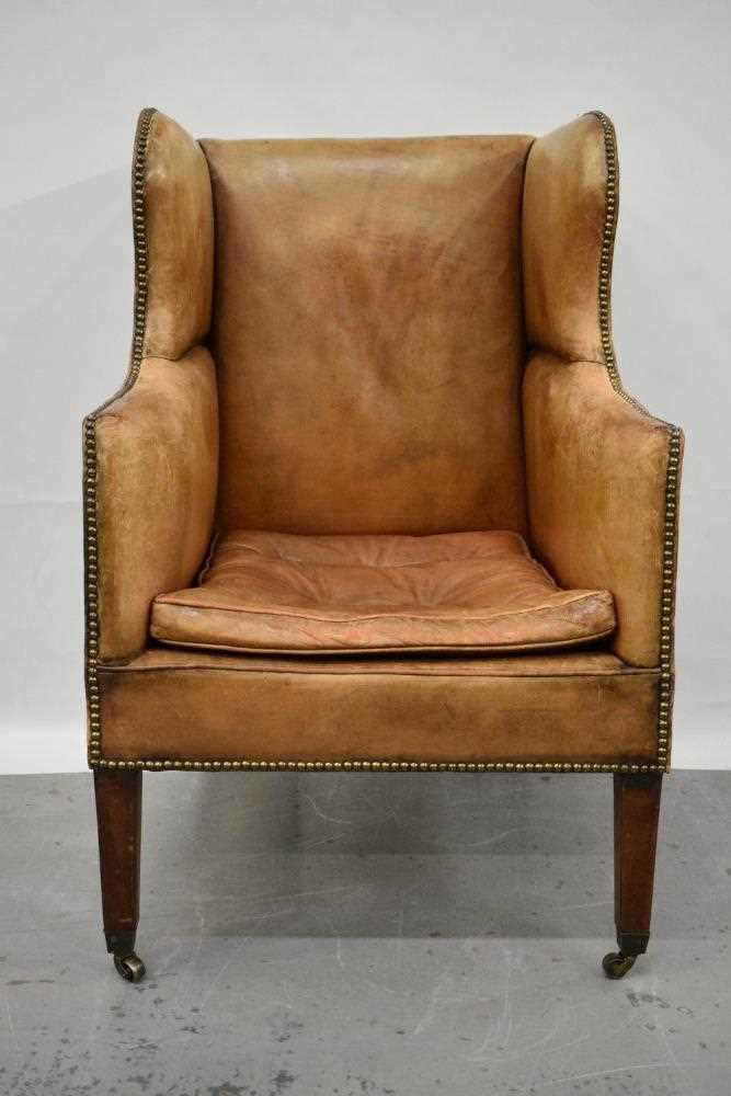 19th century leather upholstered wing armchair - Image 3 of 14