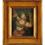 Continental School, 19th century, oil on canvas laid on panel, lady with two doves, 22cm x 17.5cm, i