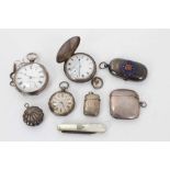 Group of silver items to include three pocket watches, sovereign and half-sovereign holder, and othe