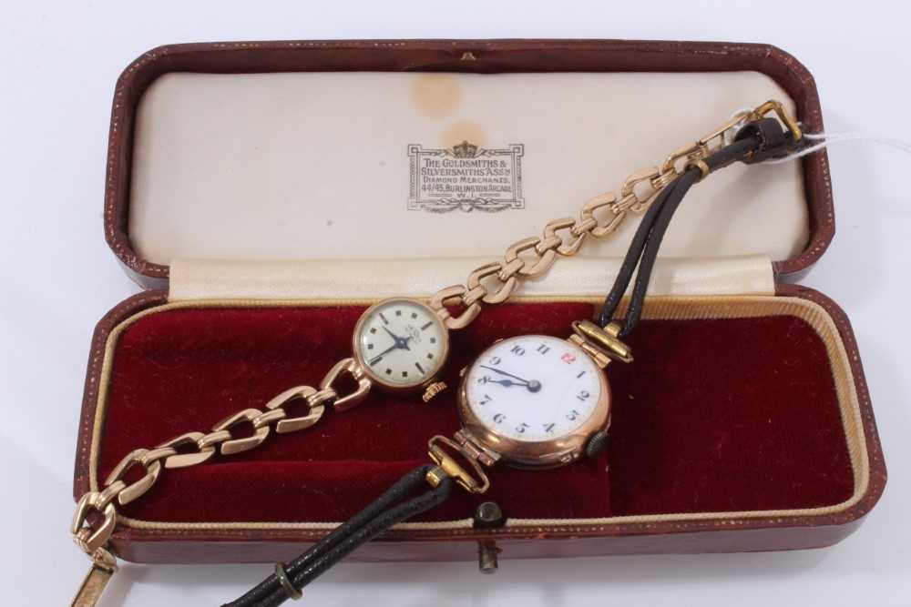 Early 20th century Ladies 9ct gold cased wristwatch with white enamel with Arabic numerials, (Birmin