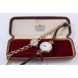 Early 20th century Ladies 9ct gold cased wristwatch with white enamel with Arabic numerials, (Birmin