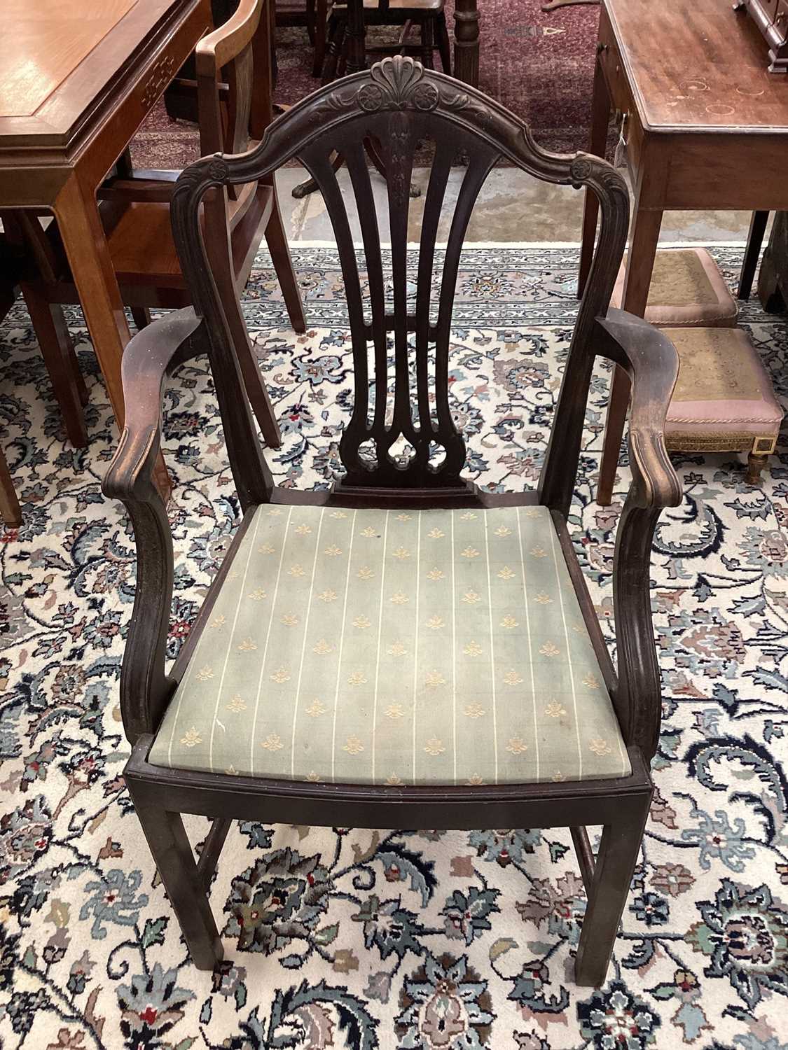 Set of six Hepplewhite style mahogany dining chairs, each with arched pierced splat back and slip in - Image 4 of 9