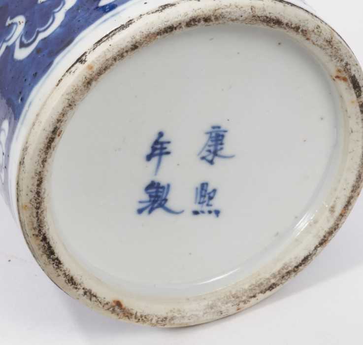 A garniture of late 19th century Chinese blue and white porcelain vases, each decorated with dragons - Image 2 of 8