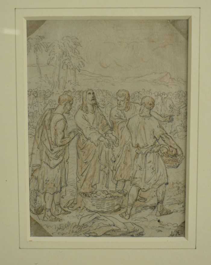 Louis Haghe (1806-1885) pencil and wash drawing - Loaves and Fishes, initialled, 17cm x 12cm, in gla - Image 2 of 8