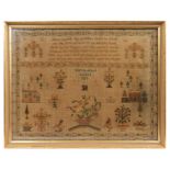 George IV needlework sampler, by Elizabeth Sandland Aged 14, 1823. A prayer above houses and trees w