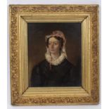 English School, circa 1820, oil on panel portrait of a lady with bonnet