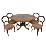 Victorian burr walnut inlaid oval breakfast table and set of four chairs