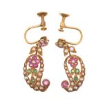 Pair of antique 18ct gold ruby, emerald and seed pearl paisley shaped pendant earrings