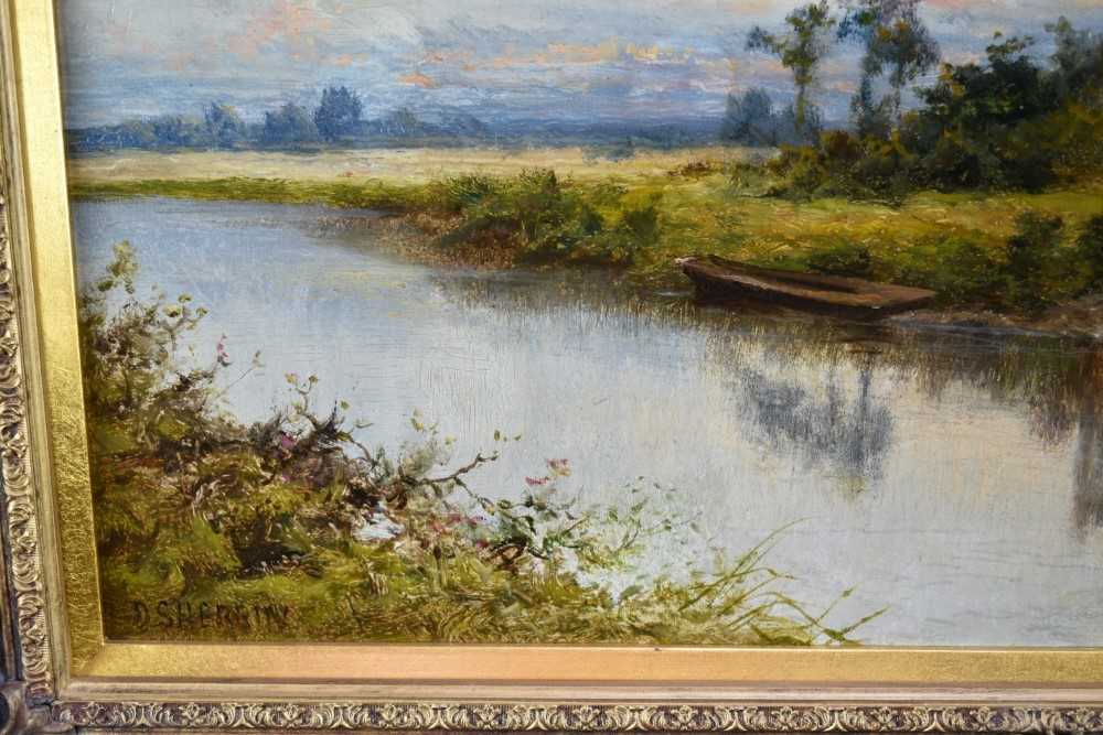 Daniel Sherrin (1868-1940) oil on canvas - River Landscape with a Church, signed, 51cm x 76cm, in gi - Image 3 of 8