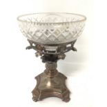 19th century Old Sheffield Plate table centrepiece, with cut glass bowl, raised on foliate column an