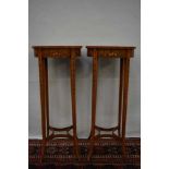 Good pair of Regency style polychrome painted satinwood side tables with oval top on slender square