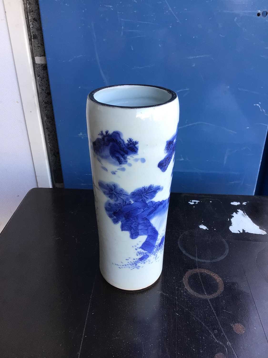 A Chinese blue and white Transitional period sleeve vase, painted with a figure and horse in a lands - Image 6 of 10