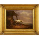 Manner of William Shayer (1811-1892) oil on panel - horse drawn cart and driver at rest with a dog a