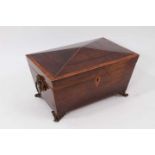 Regency rosewood and satinwood crossbanded sarcophagus shape tea caddy