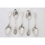 Five George IV silver Fiddle pattern table spoons with engraved initial G (London 1828)