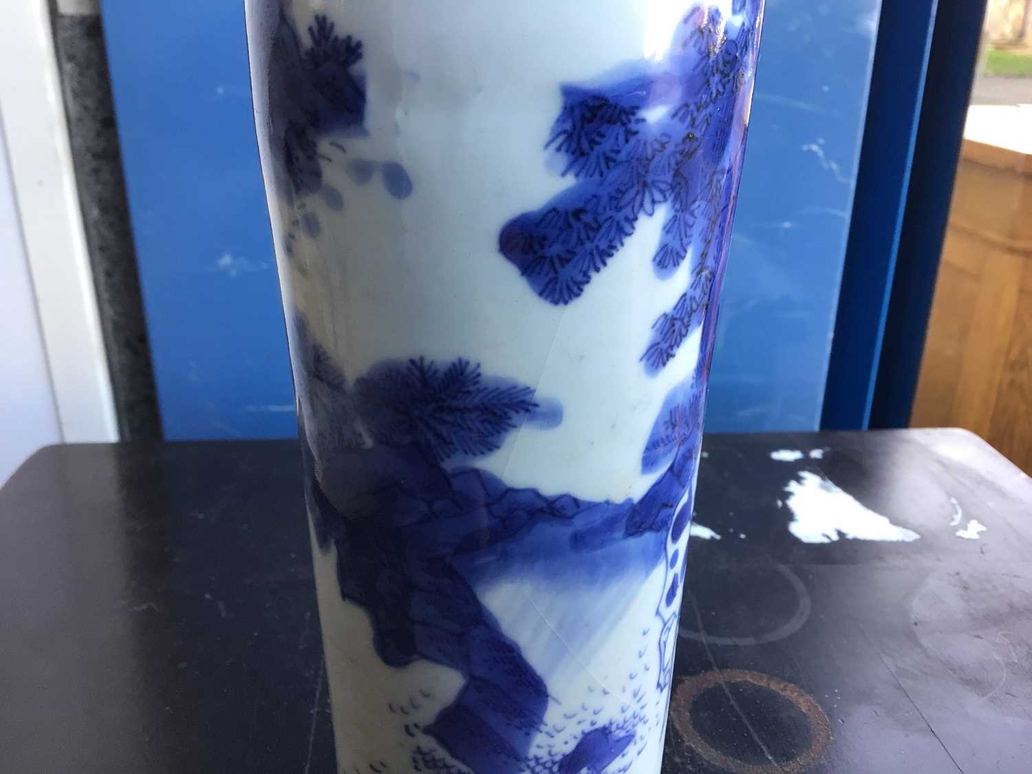 A Chinese blue and white Transitional period sleeve vase, painted with a figure and horse in a lands - Image 7 of 10