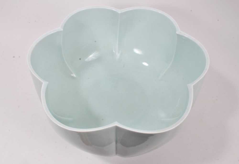 A large and finely potted 20th century Japanese celadon glazed porcelain bowl, of six-petal flower f - Image 2 of 4