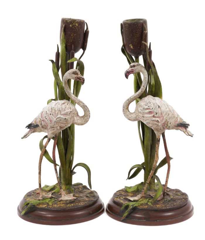 Pair of Austrian cold painted bronze candlesticks