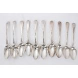 Five pairs Georgian silver Old English pattern table spoons, with engraved initials,