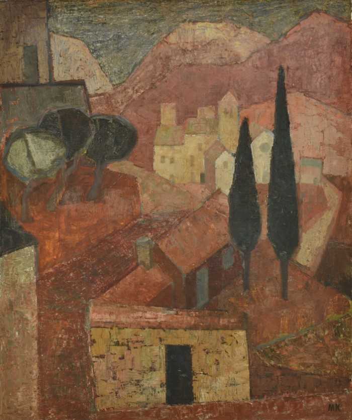 Mid 20th century, oil on canvas, Mediterranean Town, signed with initials M.K., 76cm x 63cm, unframe - Image 2 of 9