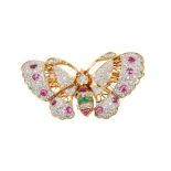 Diamond, ruby and emerald butterfly brooch with articulated wings