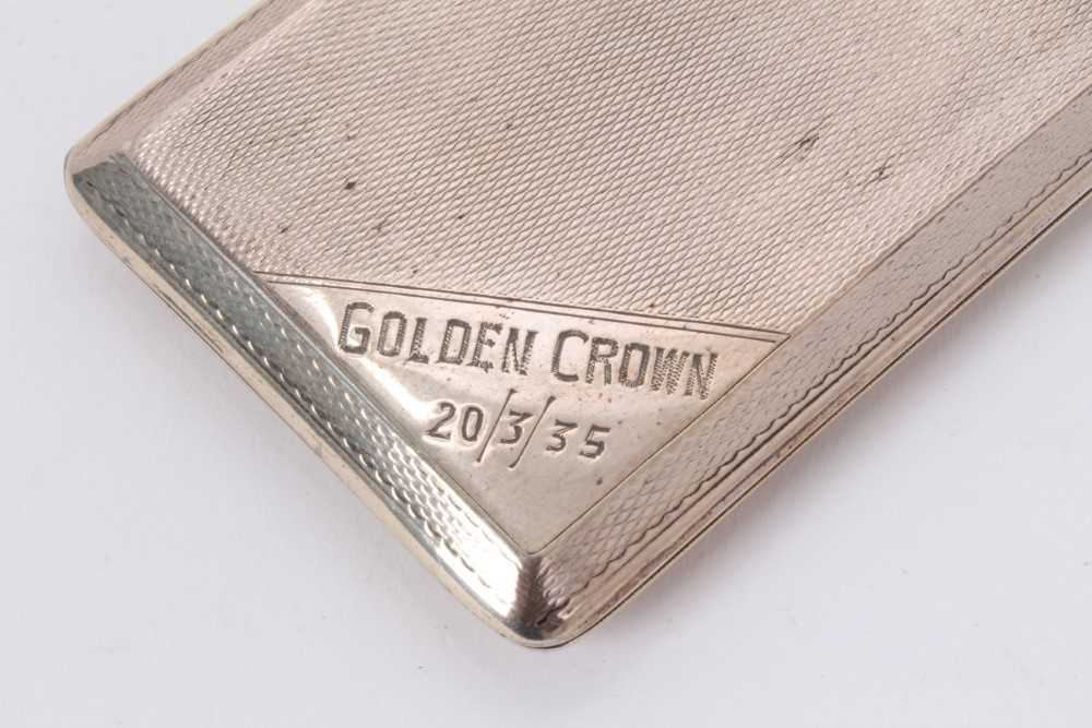 1930s silver cigarette case of narrow rectangular form, with engine turned decoration and engraved G - Image 4 of 5