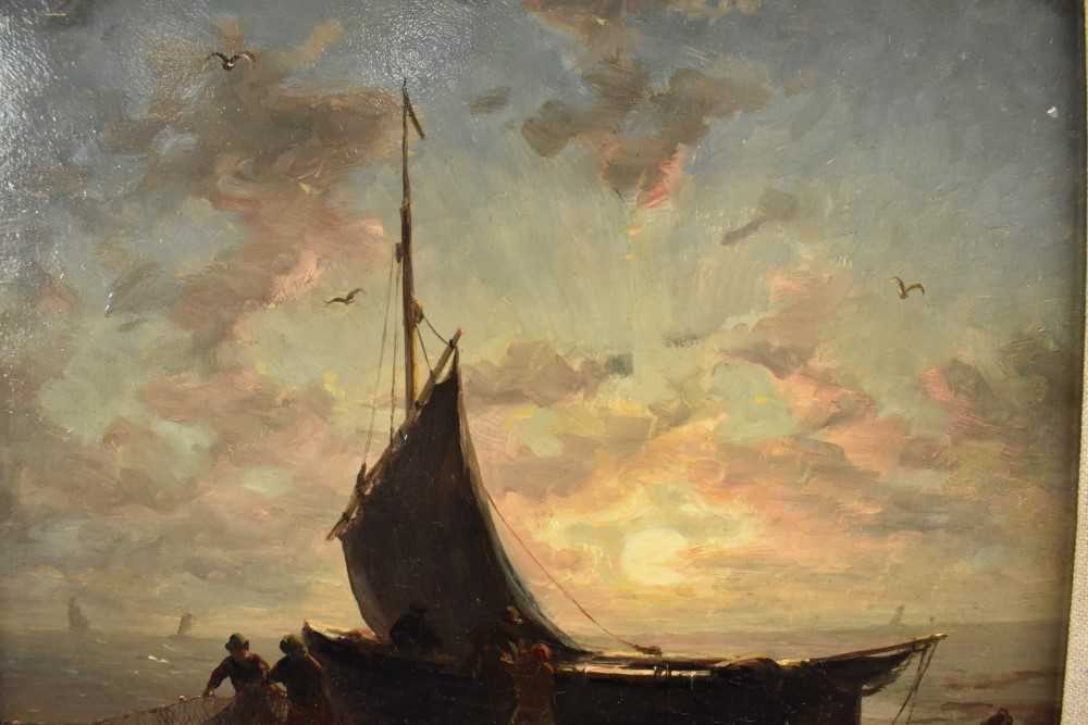 Attributed to John Moore of Ipswich (1820-1902) oil on panel - Unloading the catch by Moonlight, app - Image 6 of 8