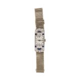 Art Deco diamond and sapphire cocktail watch with platinum and gold case on 18ct white gold bracelet