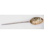 Mid 18th century Mote spoon, with fancy heel and pierced bowl, engraved on the reverse E over W S, t