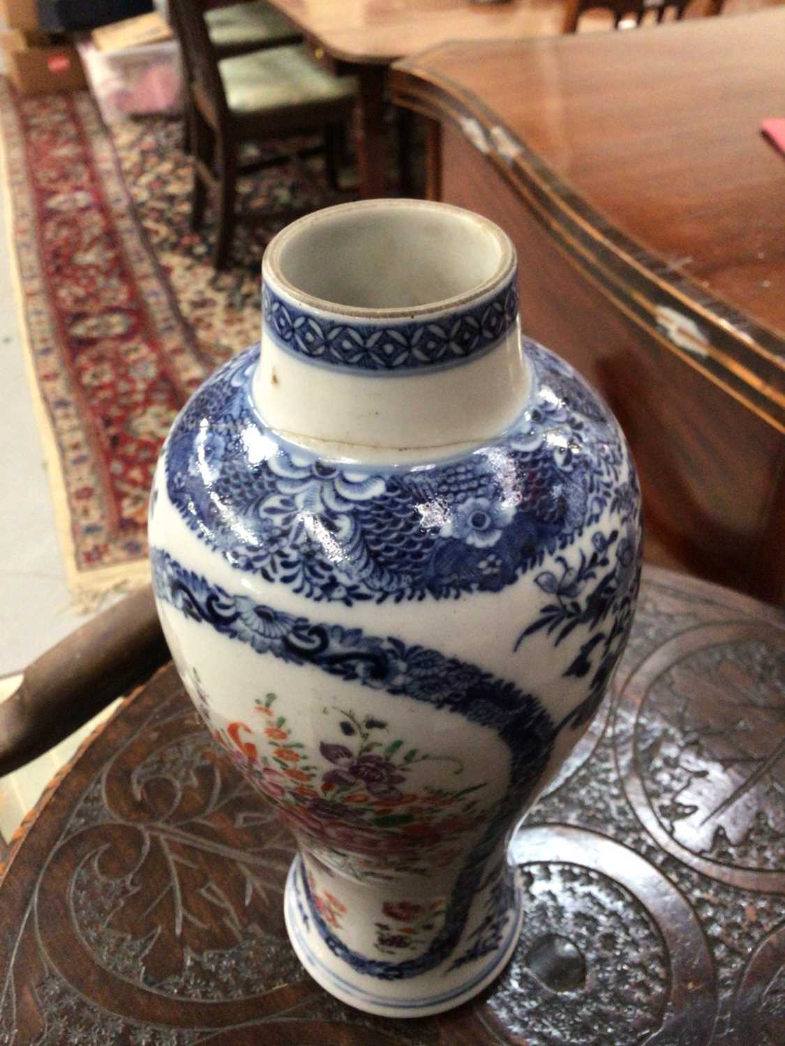 Pair of 18th century Chinese blue and white porcelain vases with polychrome painted decoration. - Image 4 of 6