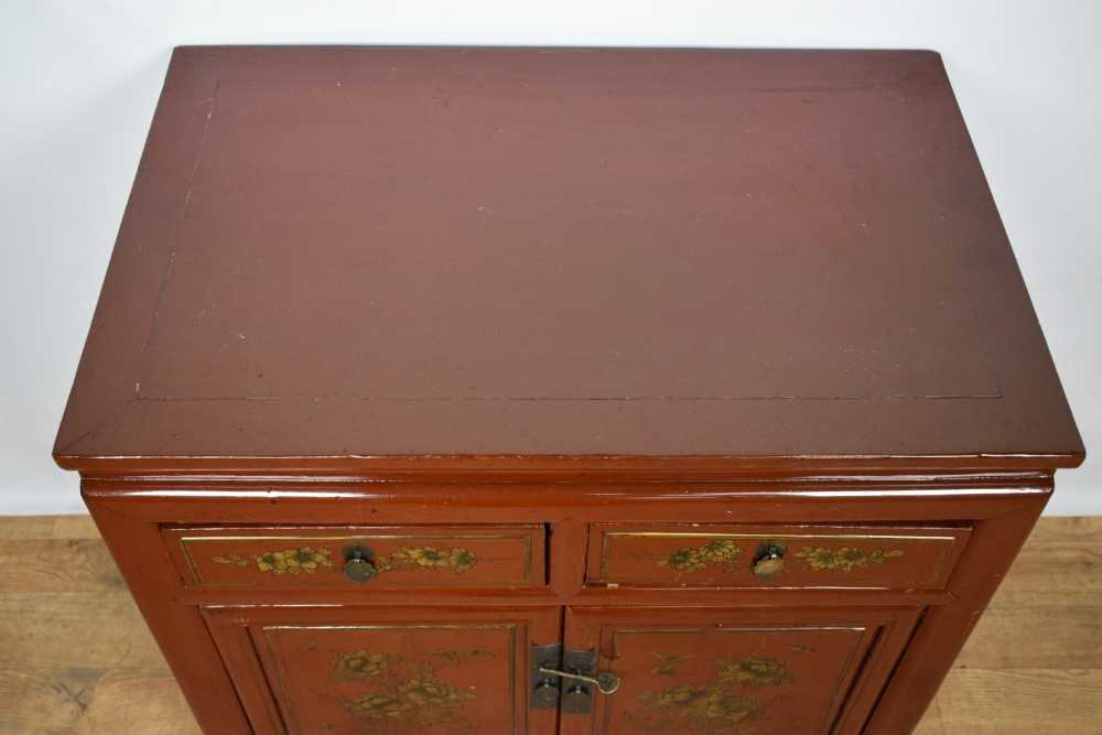 Chinese lacquered cabinet, with projecting top and side drawer, with two short drawers and cupboard - Image 6 of 10