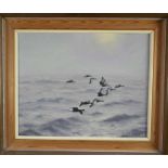Julian Novorol (b.1949) oil on board - North Sea Crossing, Brent Geese, signed and dated 1978, 40cm