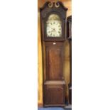 Early 19th century 30 hour longcase clock with painted arched dial with calendar aperture, in oak ca