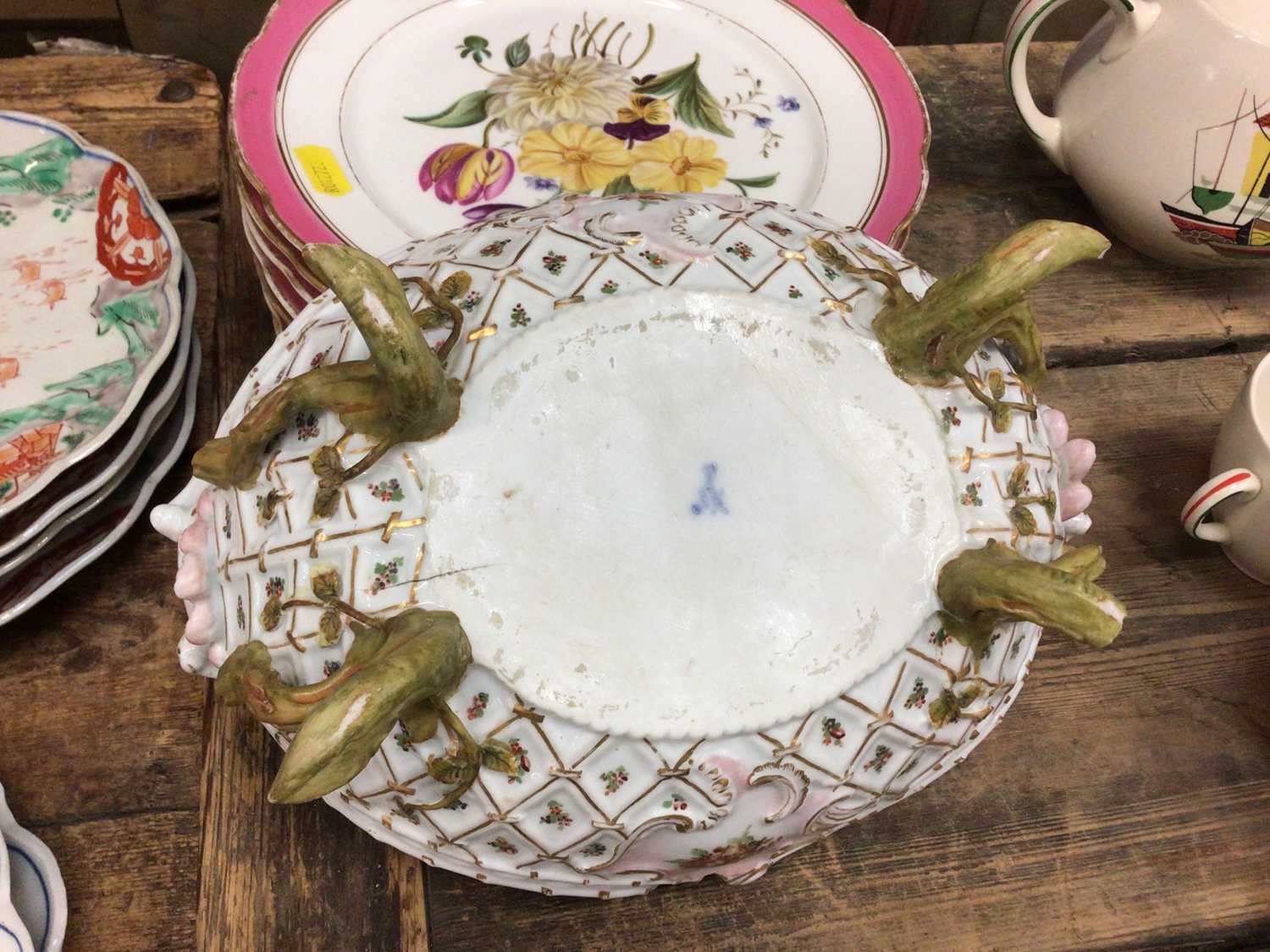 A Meissen bowl with scalloped rim, moulded basket form, with four root and branch legs, together wit - Image 4 of 5