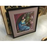 Pastel study of a seated Gaisha girl reading amongst flowers, unsigned, framed and glazed