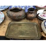 Three pieces of Middle Eastern relief decorated metal wares