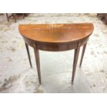 George III mahogany tulip wood crossbanded and patera inlaid demi-lune card table, fold-over top enc