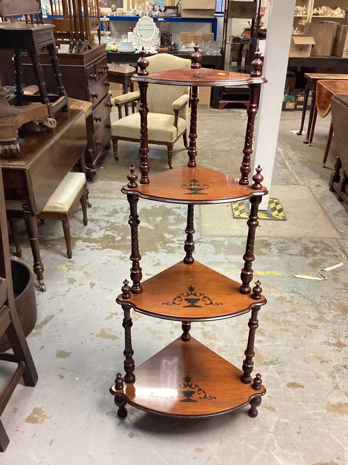 Victorian style mahogany four tier corner whatnot, 60cm wide, 134.5cm high