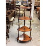 Victorian style mahogany four tier corner whatnot, 60cm wide, 134.5cm high