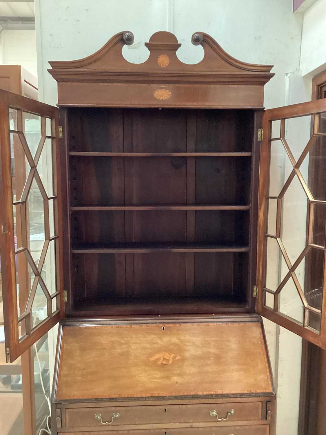 Edwardian mahogany and satinwood inlaid bureau bookcase - Image 6 of 13