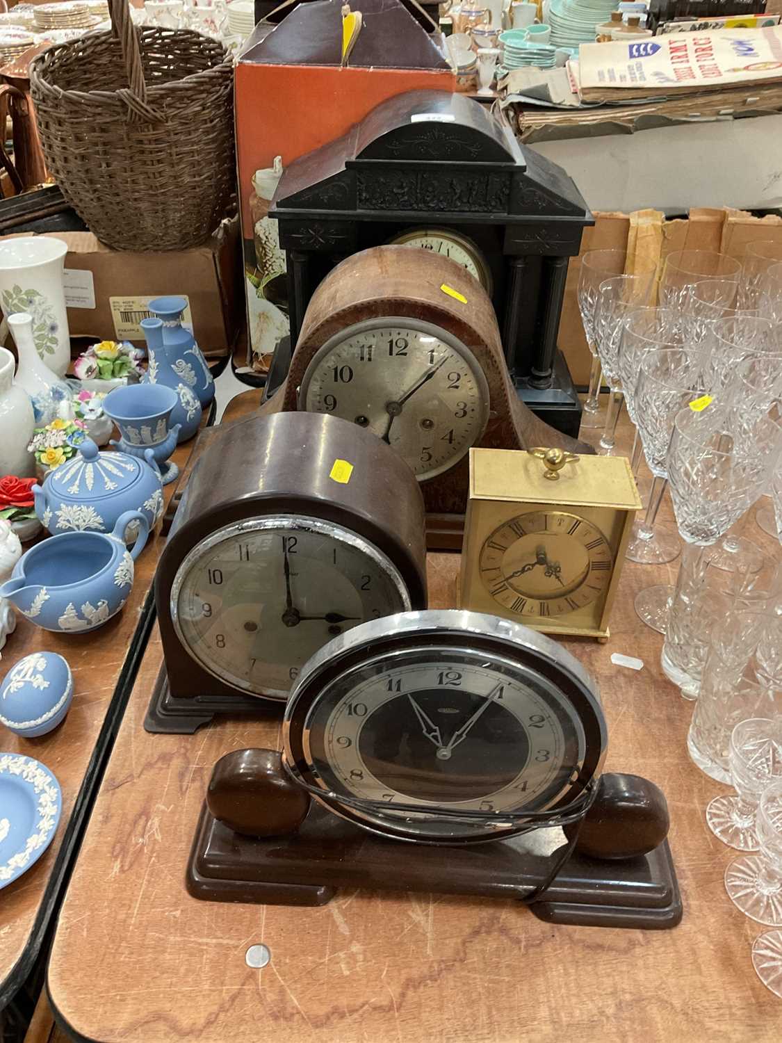 Two Art Deco Bakelite mantle clocks, black slate mantle clock and two others (5 clocks)