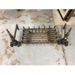 Pair of Victorian brass and iron fire dogs together with an iron fire grate